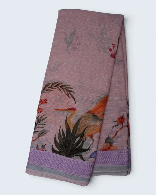 Khadi Digital Printed Saree in Mauve Pink Colour with Artistic Heron Bird & Floral Nature-Inspired Design