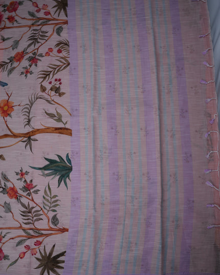 Khadi Digital Printed Saree in Mauve Pink Colour with Artistic Heron Bird & Floral Nature-Inspired Design