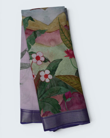 Khadi Digital Printed Saree in Mauve Pink Colour with Watercolor Floral Garden Nature-Inspired Design