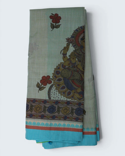 Khadi Digital Printed Saree in Mint Green Colour with Traditional Kalamkari Goddess & Floral Nature-Inspired Design