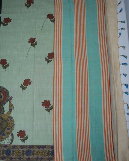 Khadi Digital Printed Saree in Mint Green Colour with Traditional Kalamkari Goddess & Floral Nature-Inspired Design