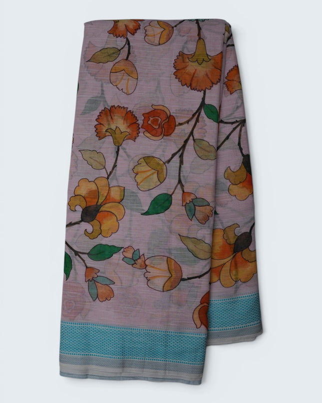 Khadi Digital Printed Saree in Mauve Pink Colour with Floral Garden & Botanical Nature-Inspired Design