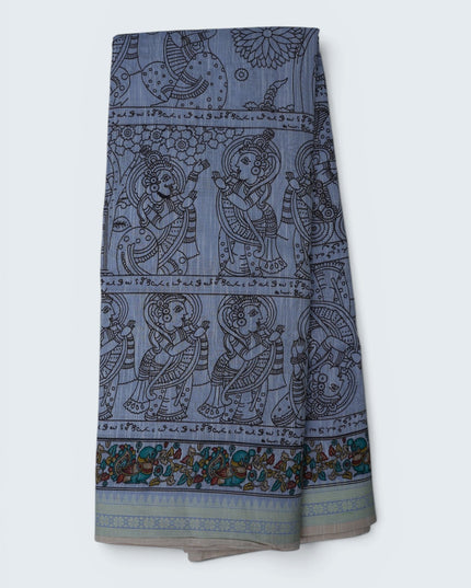 Khadi Digital Printed Saree in Slate Grey Colour with Traditional Kalamkari Folk Art & Floral Border Design