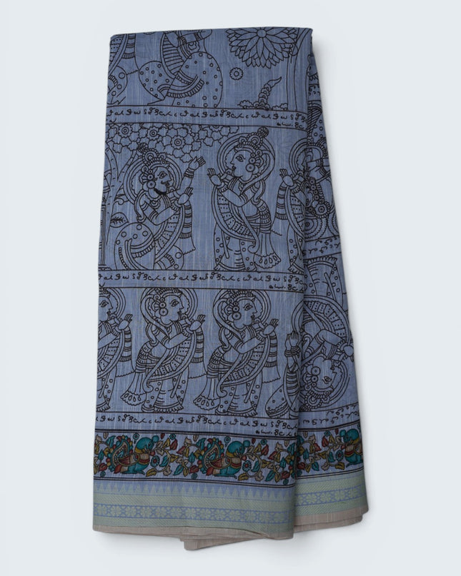 Khadi Digital Printed Saree in Slate Grey Colour with Traditional Kalamkari Folk Art & Floral Border Design