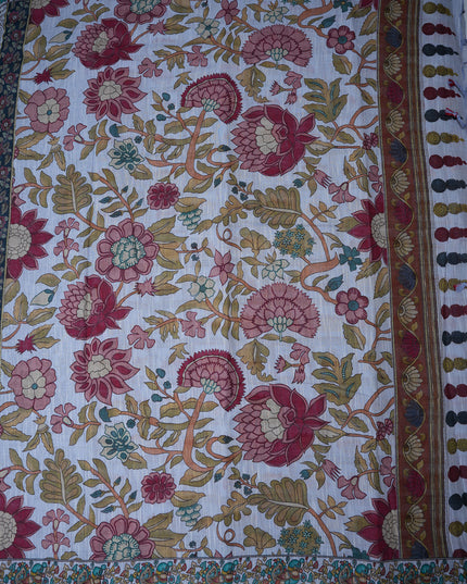 Khadi Digital Printed Saree in Slate Grey Colour with Traditional Kalamkari Folk Art & Floral Border Design