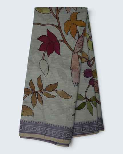 Khadi Digital Printed Saree in Sage Green Colour with Artistic Bird & Floral Nature-Inspired Design