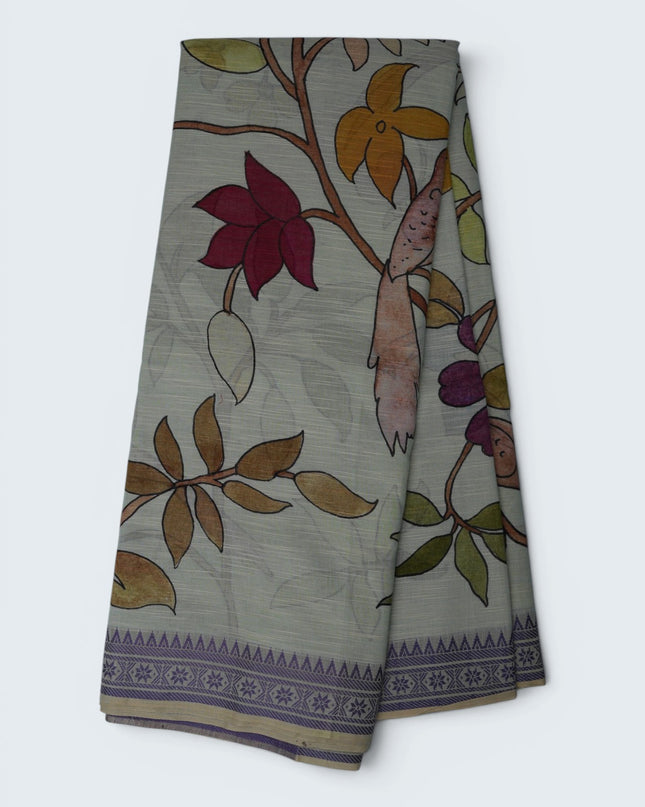 Khadi Digital Printed Saree in Sage Green Colour with Artistic Bird & Floral Nature-Inspired Design