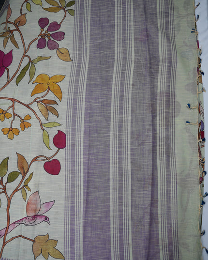 Khadi Digital Printed Saree in Sage Green Colour with Artistic Bird & Floral Nature-Inspired Design