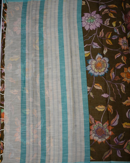 Khadi Digital Printed Saree in Coffee Brown Colour with Artistic Floral Garden & Nature-Inspired Design