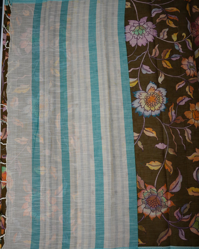 Khadi Digital Printed Saree in Coffee Brown Colour with Artistic Floral Garden & Nature-Inspired Design