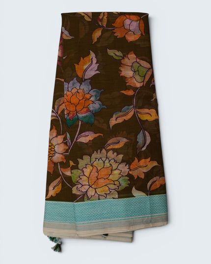 Khadi Digital Printed Saree in Coffee Brown Colour with Artistic Floral Garden & Nature-Inspired Design