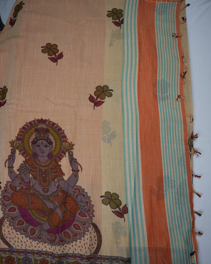 Khadi Digital Printed Saree in Cream Beige Colour with Traditional Kalamkari Floral Border Design