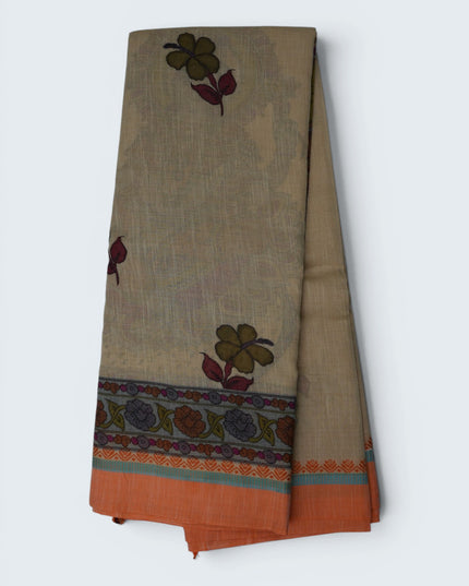 Khadi Digital Printed Saree in Cream Beige Colour with Traditional Kalamkari Floral Border Design