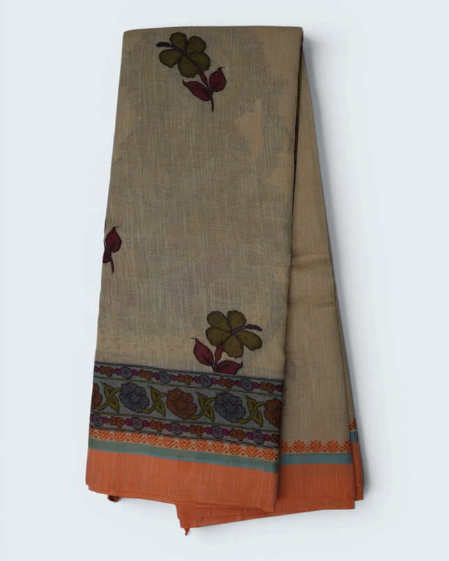 Khadi Digital Printed Saree in Cream Beige Colour with Traditional Kalamkari Floral Border Design