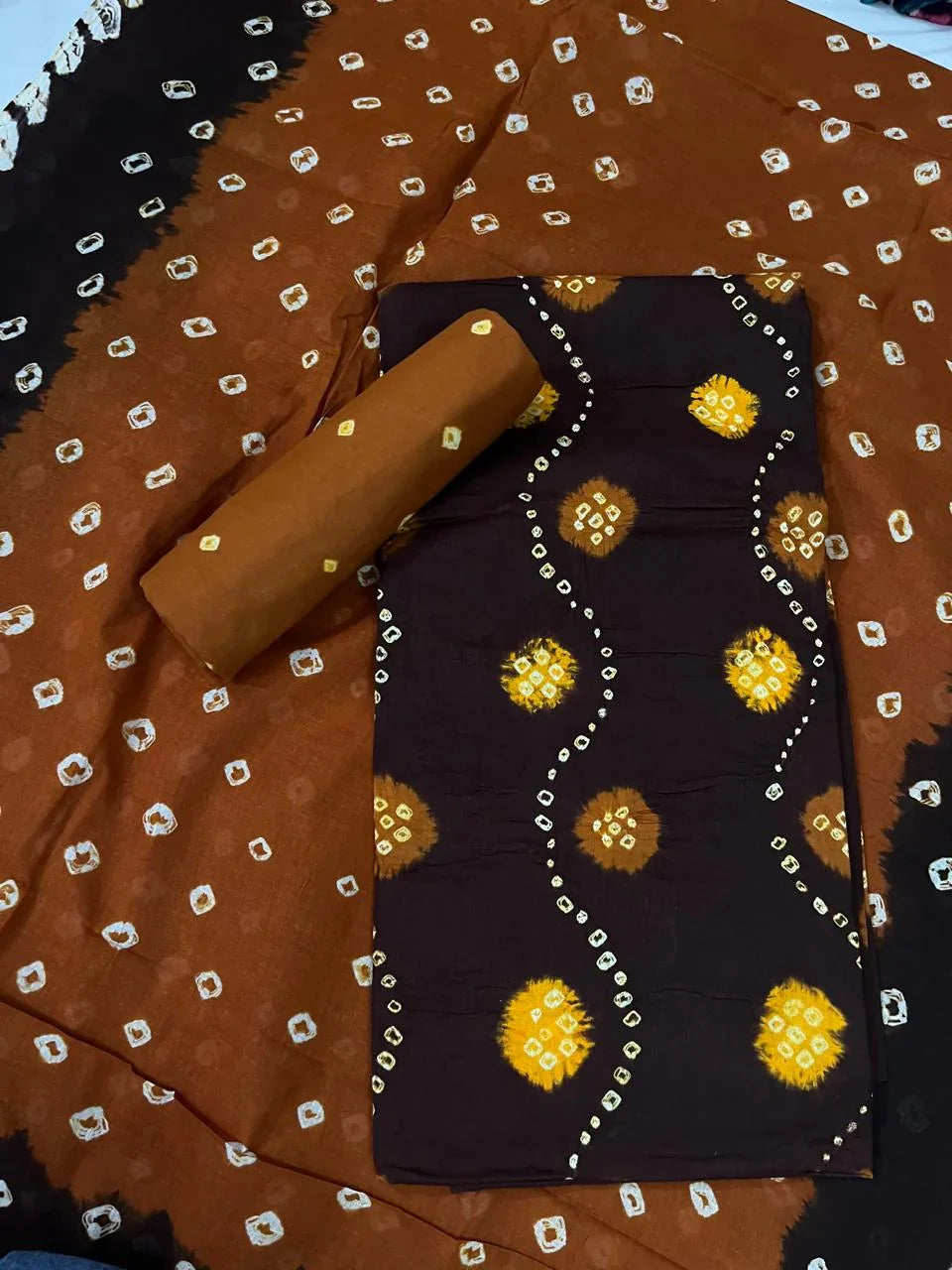 Cotton Bandhani Printed Dress Material – Dark Wine Colour Ethnic Wear for Women