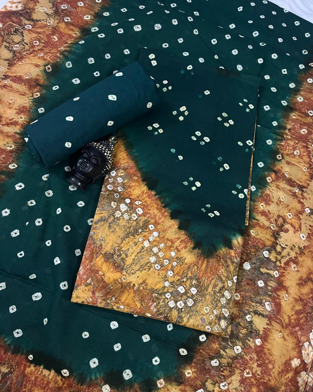 Cotton Bandhani Printed Dress Material – Drak Green Colour Ethnic Wear for Women