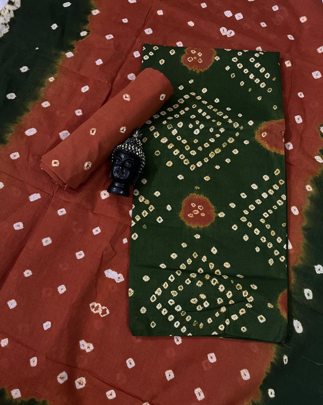 Cotton Bandhani Printed Dress Material – Deep Green Colour Ethnic Wear for Women