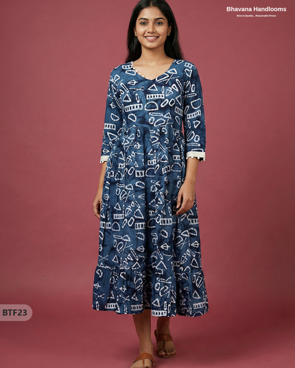Handmade Batik Frock with Natural Dye – Potli Ball Neck Design Deep Navy Blue Colour with Half Lining