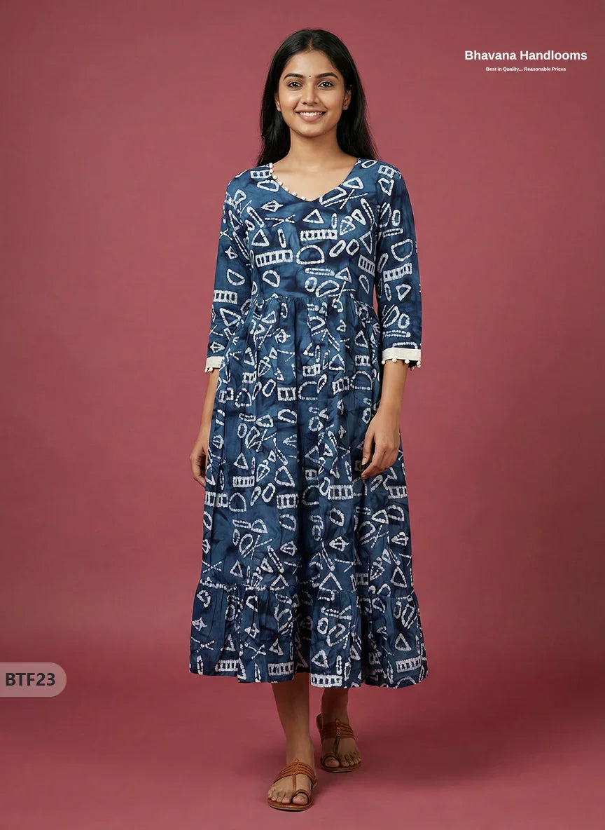 Handmade Batik Frock with Natural Dye – Potli Ball Neck Design Deep Navy Blue Colour with Half Lining