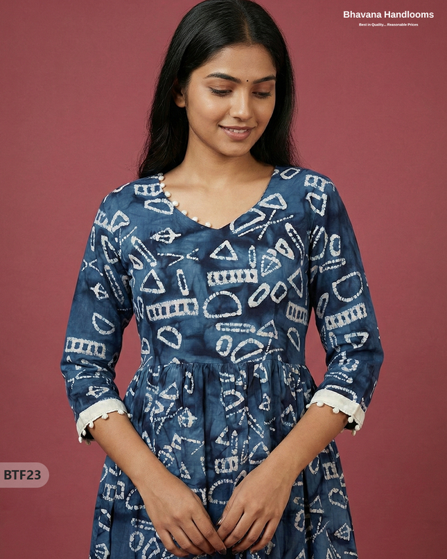 Handmade Batik Frock with Natural Dye – Potli Ball Neck Design Deep Navy Blue Colour with Half Lining