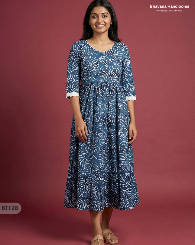 Handmade Batik Frock with Natural Dye – Potli Ball Neck Design Navy Blue Colour with Half Lining