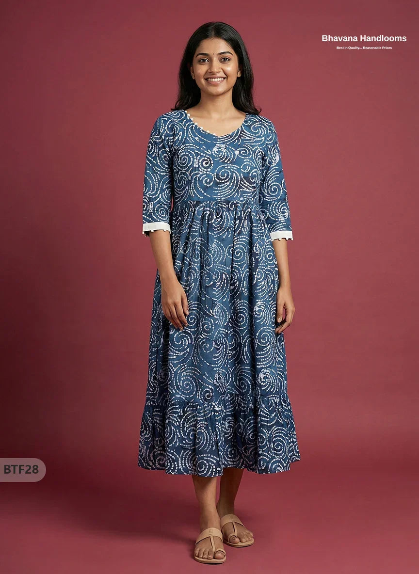 Handmade Batik Frock with Natural Dye – Potli Ball Neck Design Navy Blue Colour with Half Lining