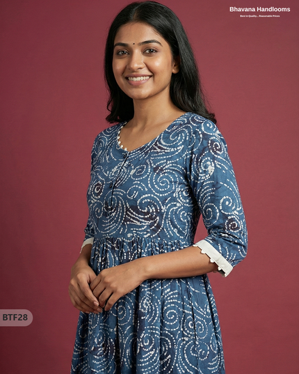 Handmade Batik Frock with Natural Dye – Potli Ball Neck Design Navy Blue Colour with Half Lining