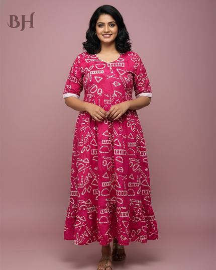 Handmade Batik Frock with Natural Dye – Potli Ball Neck Design Pink Colour with Half Lining