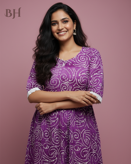 Handmade Batik Frock with Natural Dye – Potli Ball Neck Design Magenta Purple Colour with Half Lining