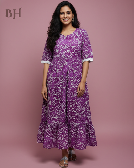 Handmade Batik Frock with Natural Dye – Potli Ball Neck Design Magenta Purple Colour with Half Lining