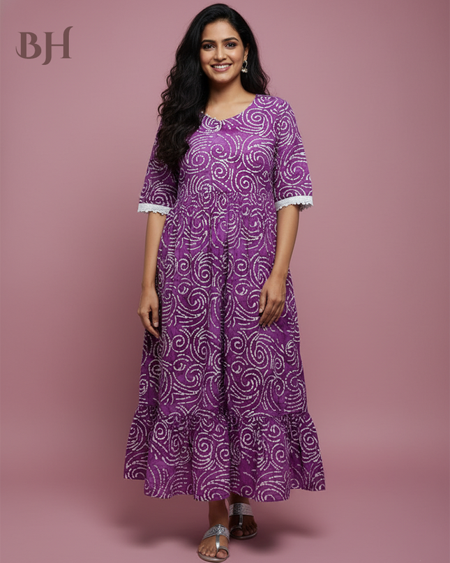 Handmade Batik Frock with Natural Dye – Potli Ball Neck Design Magenta Purple Colour with Half Lining