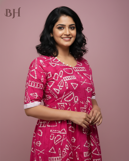 Handmade Batik Frock with Natural Dye – Potli Ball Neck Design Pink Colour with Half Lining