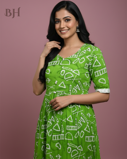 Handmade Batik Frock with Natural Dye – Potli Ball Neck Design Green Colour with Half Lining