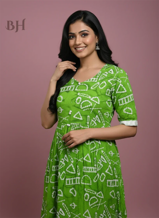 Handmade Batik Frock with Natural Dye – Potli Ball Neck Design Green Colour with Half Lining