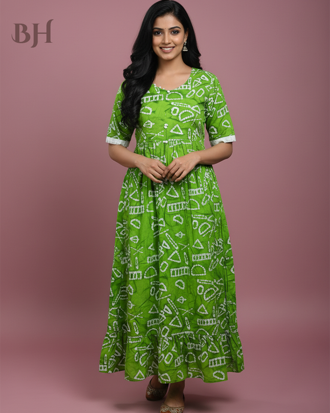 Handmade Batik Frock with Natural Dye – Potli Ball Neck Design Green Colour with Half Lining