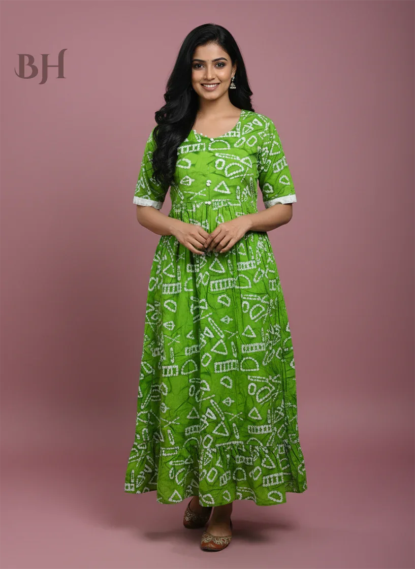 Handmade Batik Frock with Natural Dye – Potli Ball Neck Design Green Colour with Half Lining