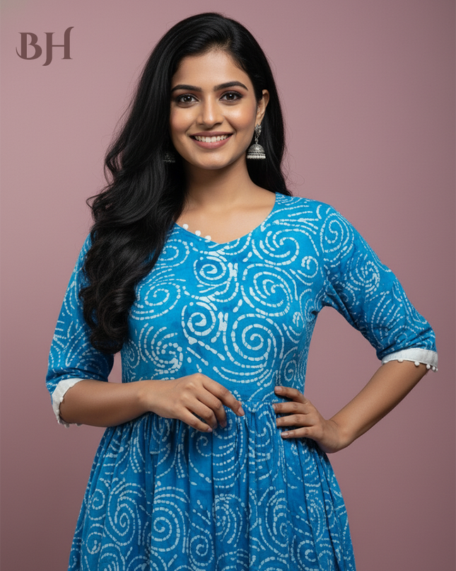 Handmade Batik Frock with Natural Dye – Potli Ball Neck Design Blue Colour with Half Lining
