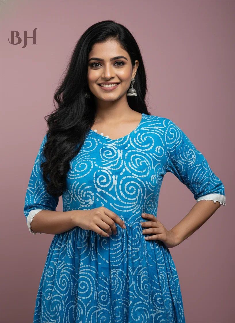 Handmade Batik Frock with Natural Dye – Potli Ball Neck Design Blue Colour with Half Lining