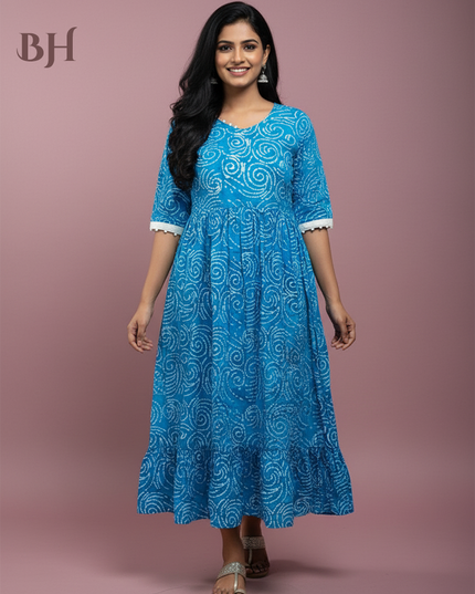 Handmade Batik Frock with Natural Dye – Potli Ball Neck Design Blue Colour with Half Lining