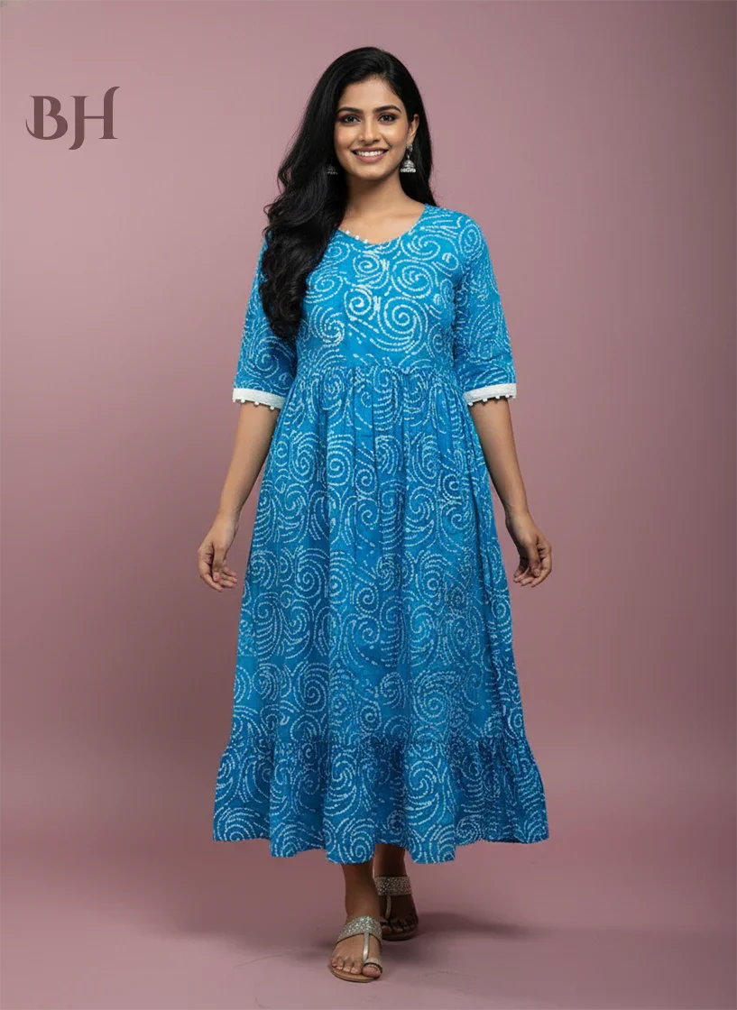 Handmade Batik Frock with Natural Dye – Potli Ball Neck Design Blue Colour with Half Lining