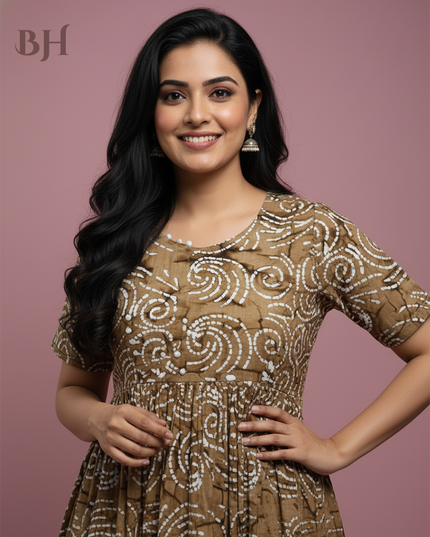 Handmade Batik Frock with Natural Dye – Potli Ball Neck Design Coffee Colour with Half Lining