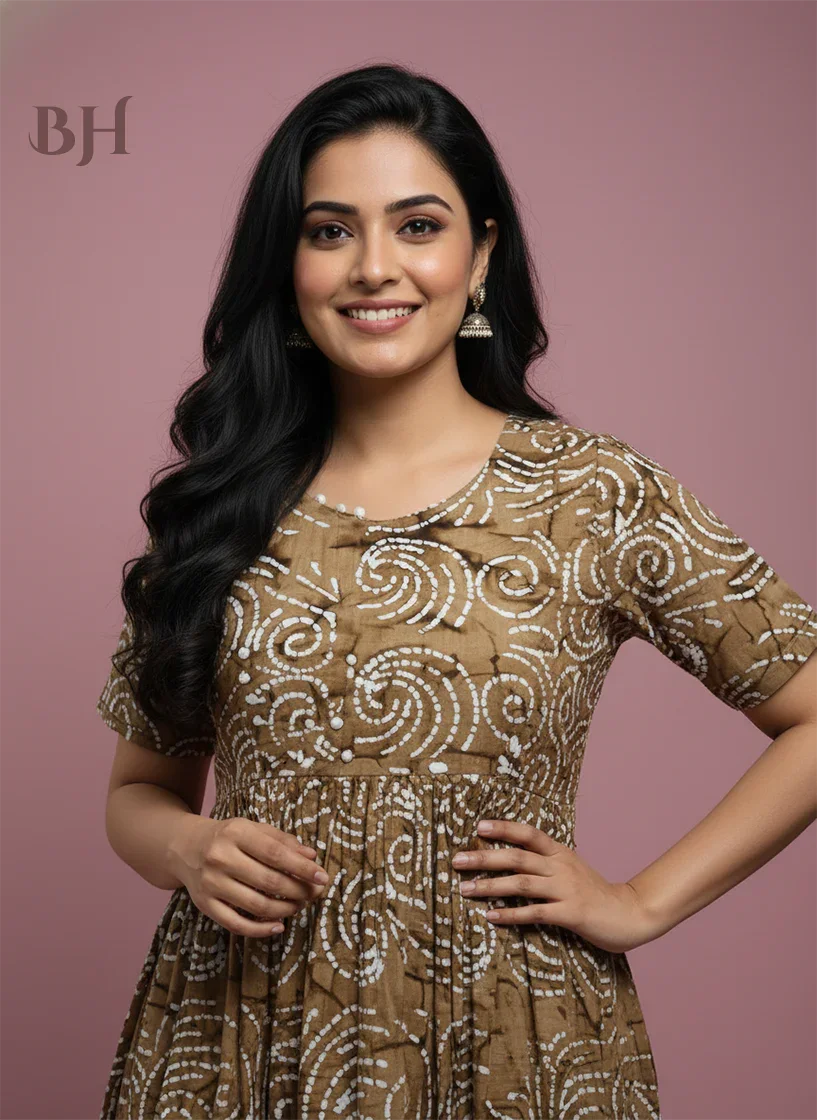 Handmade Batik Frock with Natural Dye – Potli Ball Neck Design Coffee Colour with Half Lining