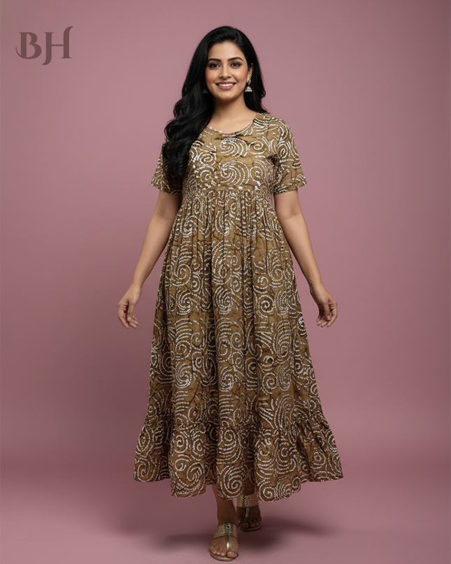 Handmade Batik Frock with Natural Dye – Potli Ball Neck Design Coffee Colour with Half Lining