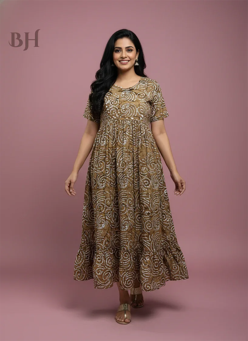 Handmade Batik Frock with Natural Dye – Potli Ball Neck Design Coffee Colour with Half Lining
