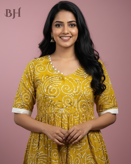 Handmade Batik Frock with Natural Dye – Potli Ball Neck Design Coffee Brown Colour