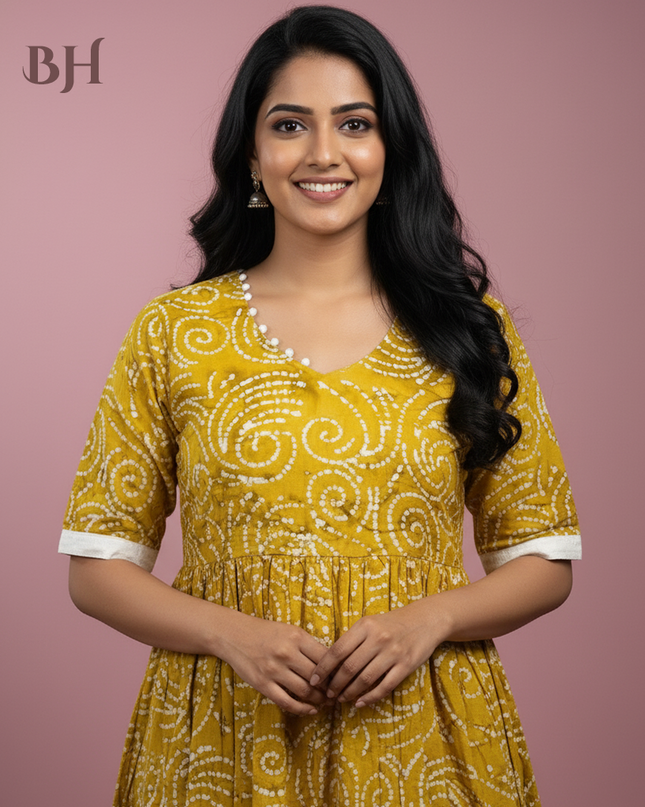 Handmade Batik Frock with Natural Dye – Potli Ball Neck Design Coffee Brown Colour