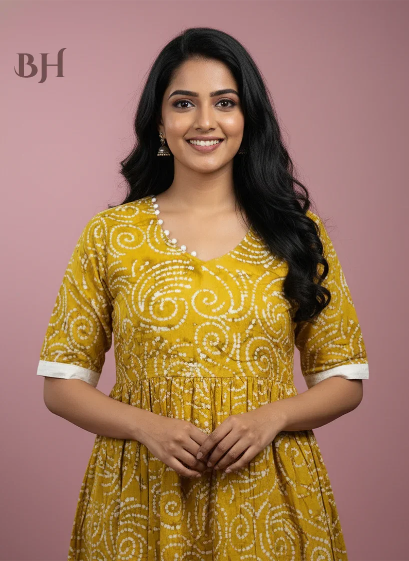 Handmade Batik Frock with Natural Dye – Potli Ball Neck Design Yellow Colour