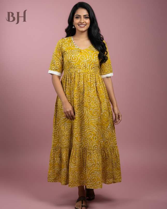 Handmade Batik Frock with Natural Dye – Potli Ball Neck Design Coffee Brown Colour