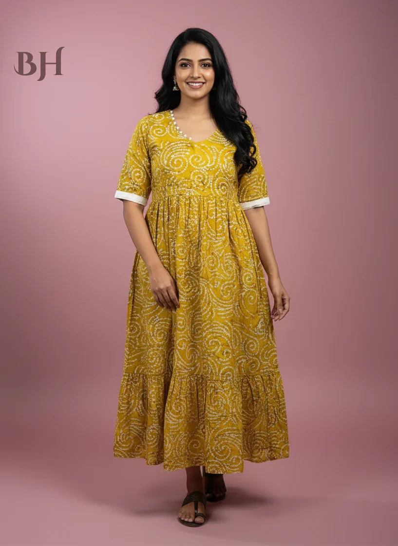 Handmade Batik Frock with Natural Dye – Potli Ball Neck Design Yellow Colour