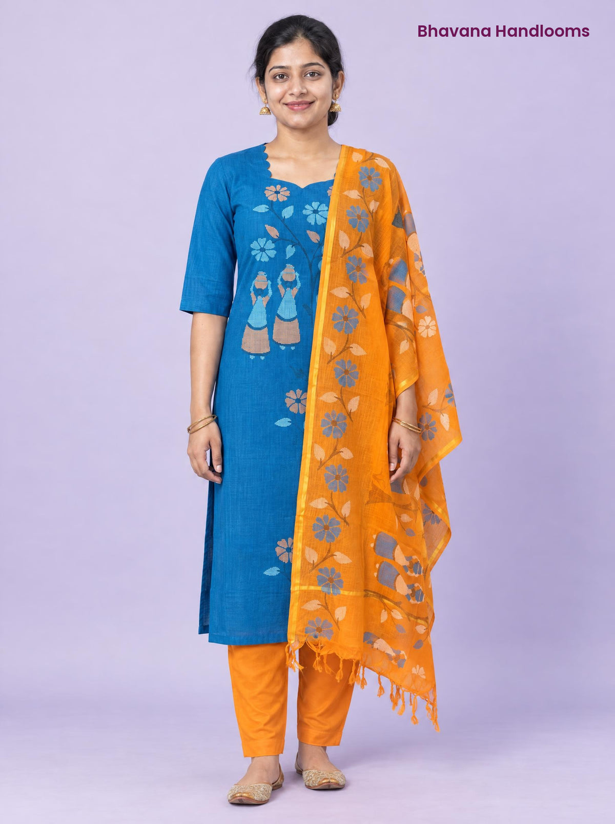 Traditional Gollabhama Print Cotton 3PC Kurti Set in  Teal Blue & Orange | Cut Work Neck Design | Free Style Bottom | Ready to Wear